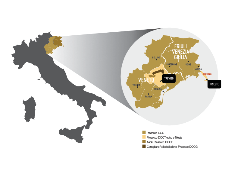 Mapa obszarów uprawy Prosecco DOC i DOCG w Wenecji Euganejskiej i Friuli-Wenecji Julijskiej